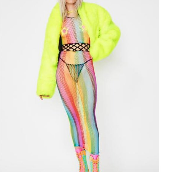 (2PC SET!) Rainbow Fishnet Stretch-Fit Dress W/Bag